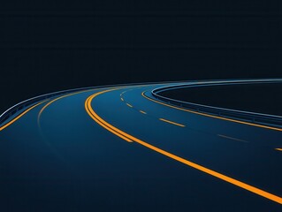 Dark blue highway curves gently, illuminated by bright orange lane markings against a black background.  The road appears smooth and modern