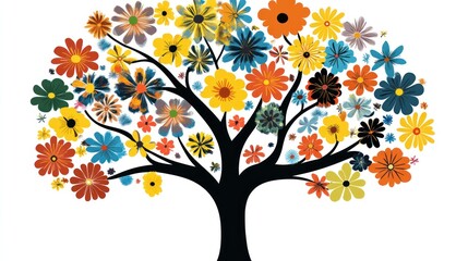 a vibrant floral tree illustration with a black trunk and branches adorned with diverse multicolored flowers creating a cheerful and colorful nature inspired design element