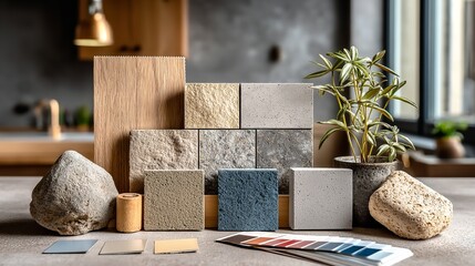 Interior Design Mood Board with Natural Stone Tiles, Color Swatches, and Modern Minimalist Style