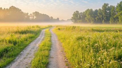 Naklejka premium A winding dirt path through a grassy field in fog