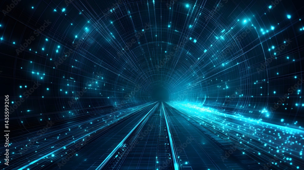 Poster Futuristic tunnel with illuminated train tracks and glowing blue lights resembling stars. A high-tech, abstract, simulated environment creating depth and movement. Abstract wireframe in dark blue