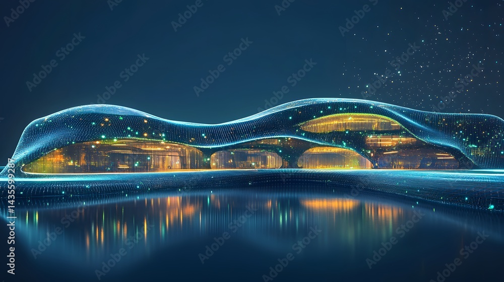 Aufkleber futuristic building with a flowing design, aglow with embedded lights, reflects in tranquil water un