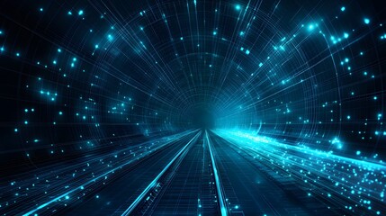 Fototapeta premium Futuristic tunnel with illuminated train tracks and glowing blue lights resembling stars. A high-tech, abstract, simulated environment creating depth and movement. Abstract wireframe in dark blue