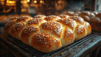 Freshly baked bread loaves on a cooling rack, golden crust and detailed textures, photorealistic