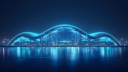 Fototapeta premium Futuristic architecture bathed in vibrant blue. The organic design and pixelated lights evoke modernity and innovation, with a plaza reflecting the glow. Abstract wireframe in dark blue