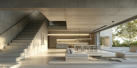 Fototapeta premium Minimalist brutalist concrete interior with an open space.