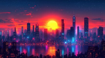 Fototapeta premium Futuristic cityscape with neon lights and high-tech buildings, night scene, high-detail realism