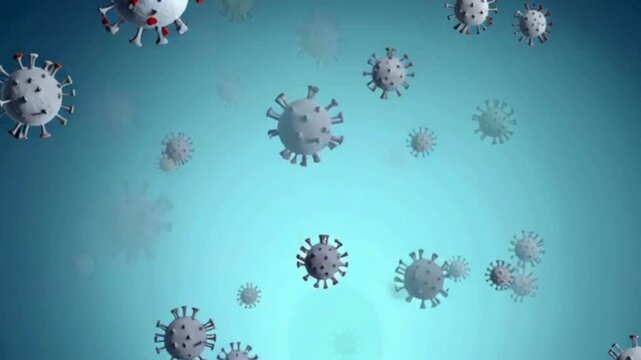 enlarged model of a virus cell illustrating the flu virus structure and replication process.
