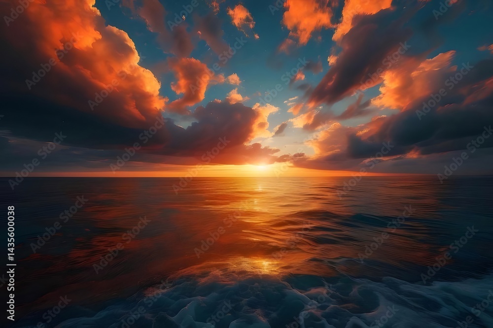 Aufkleber 夕焼け時の海と雲の光景 オレンジ色の空と反射する水面の美しい自然