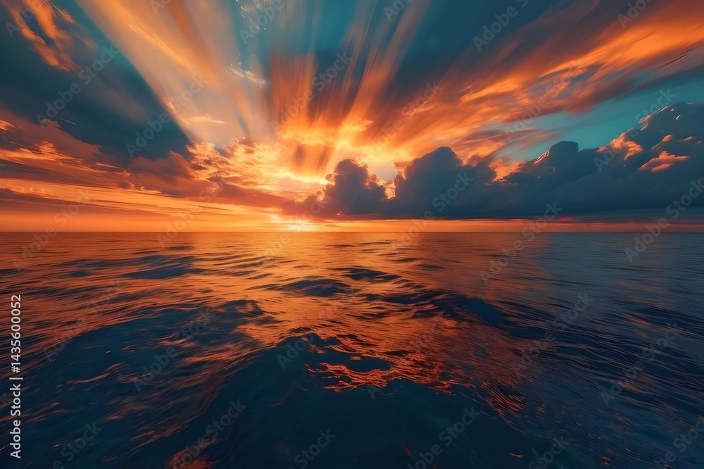 Poster 鮮やかなオレンジ色の夕焼け空と海面が輝くドラマチックな風景 太陽の光が雲から差し込む美しい自然の光景