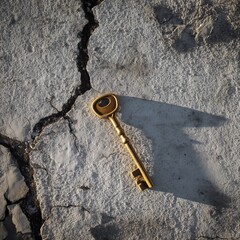 Golden vintage key lying on cracked, weathered concrete, casting a dramatic shadow in warm light, symbolizing mystery and opportunity. AI generative.