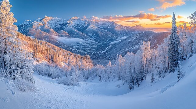 Winter wonderland mountain vista at sunrise. Snowy peaks, frosted trees, and a valley bathed in golden light