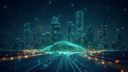 Fototapeta premium Futuristic cityscape glows at night with wireframe skyscrapers and roads. Stars fill the deep blue sky. Arched structures add depth to this modern scene. Abstract wireframe in dark blue.