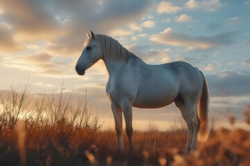 夕焼け時の野原に佇む白い馬の姿 黄金色の光の中 穏やかな風景