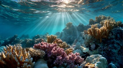 Obraz premium Underwater photography of vibrant coral reef and marine life tropical ocean scene deep blue sea conservation