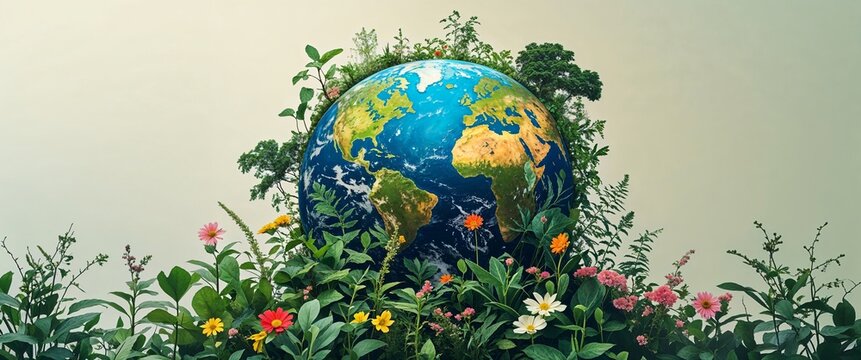 A lively Earth surrounded by plants, flowers, and trees, with wildlife and greenery growing around it, set against a pale, soft background. The bottom and right side of the image provide ample space f