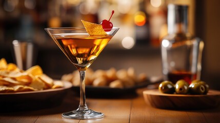 Manhattan Cocktail with Garnish on a Wooden Table