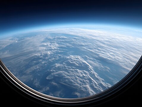 High resolution view from spacecraft window showing curvature of earth with atmospheric gradient and soft cloud texture across distant blue horizon in space context