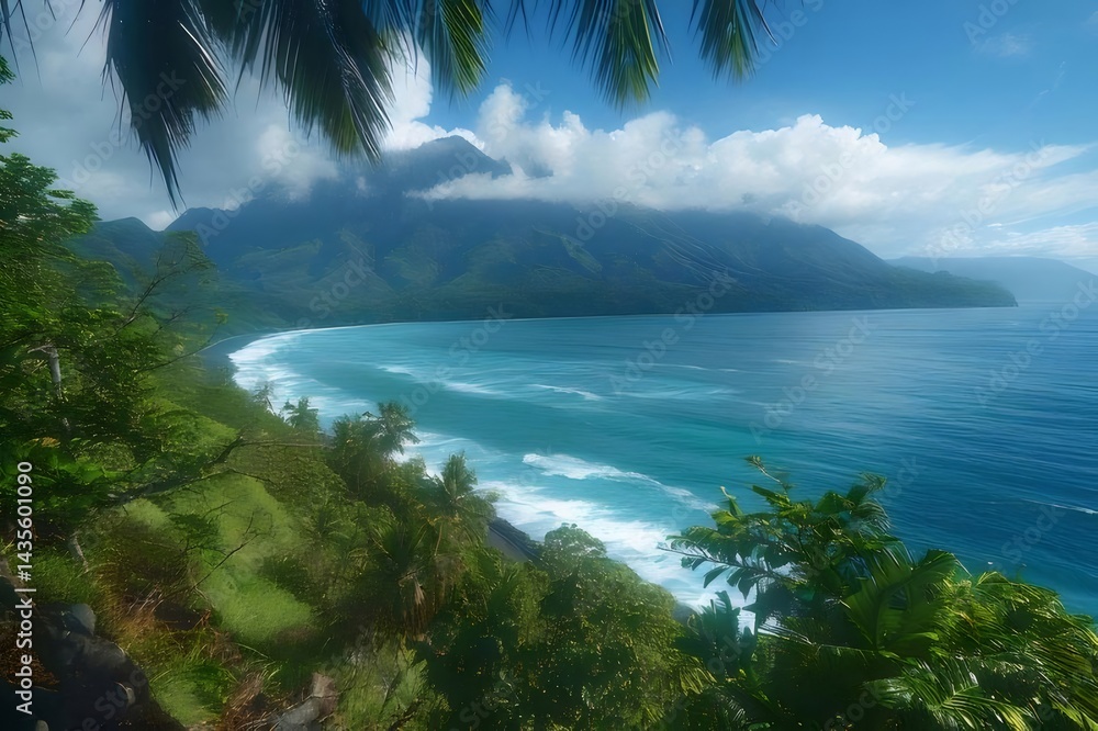Poster 熱帯の海岸線の風景 青い海と緑の木々が茂る島 青空と雲 海岸沿いの景色