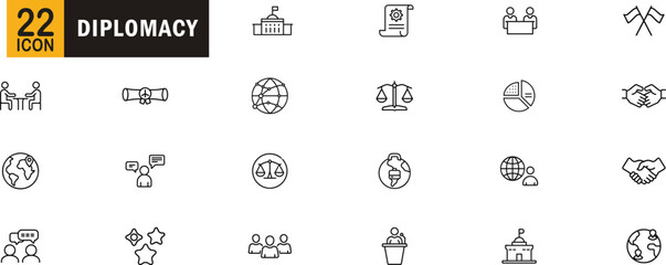 Diplomacy editable outline icon set. Agreement negotiation embassy handshake communication treaty law and more.