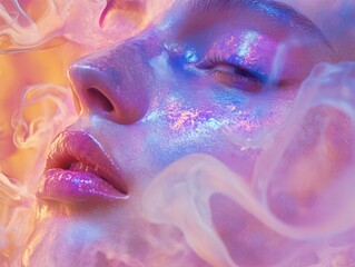 Fototapeta premium Captivating Iridescent Beauty Adorns Woman's Face Amidst Dreamy Ethereal Smoke