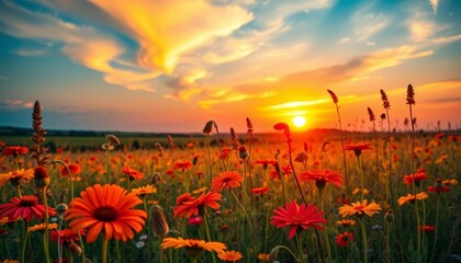 Fototapeta premium Vibrant sunrise paints wildflowers in a summer field, modern art canvas, vibrant, canvas art