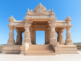 Obraz premium Ornate sandstone torana, intricately carved, stands majestically under a clear blue sky. Steps lead to a large central opening