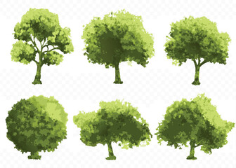 Fototapeta premium Six Watercolor Style Green Trees Isolated on White