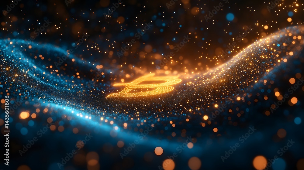 Poster Abstract Bitcoin landscape shimmers with golden particles amid bokeh lights. A dynamic digital representation of cryptocurrency's world. Ideal for tech and finance. Abstract wireframe in dark blue.