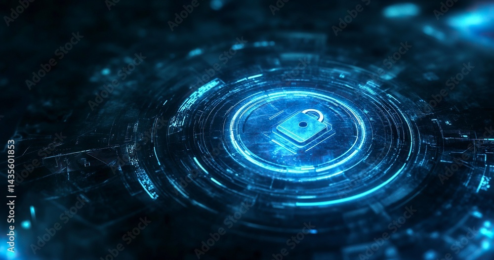 Aufkleber abstract futuristic background with a digital padlock symbol in a blue circle on a dark background, 