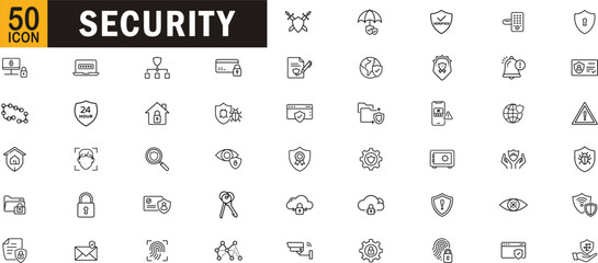 Security icon set. Cybersecurity, password protection, data safety, virus defense, encryption, privacy, surveillance, network protection symbols.