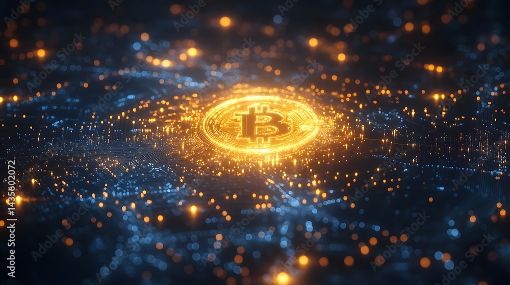 Leinwandbilder A high-tech depiction of Bitcoin. Golden Bitcoin symbol surrounded by circuit board patterns, set against a dark background with scattered points of light. Abstract wireframe in dark blue