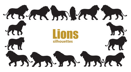 Create a decorative frame of lion silhouettes in various poses