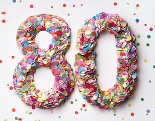 Number 80 made out of confetti, white background. photo for eightieth birthday or anniversary party