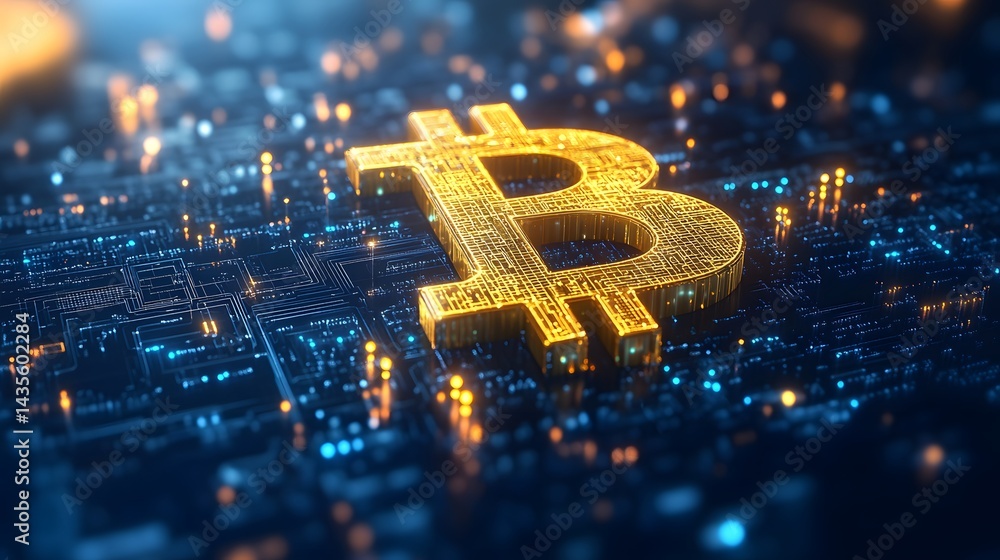 Poster Futuristic Bitcoin design featuring a golden symbol with a circuit board texture against a high-tech backdrop. Represents digital currency, blockchain, and investment. Abstract wireframe in dark blue