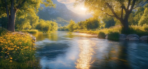 Obraz premium River scenery landscape water reflections sunlight and flowers nature photography