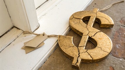 Cracked dollar sign decoration on a floor near a door.