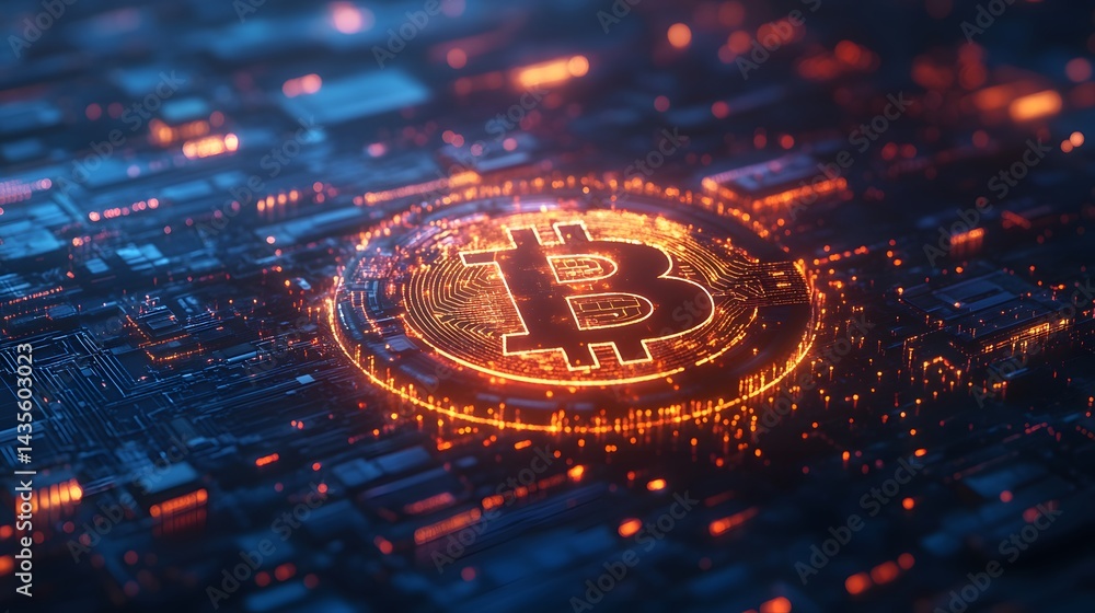 Poster futuristic bitcoin illustration. a glowing bitcoin symbol, intricately designed as a circuit board, 
