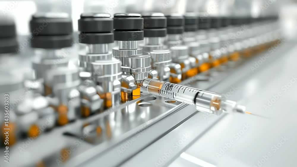 Poster a fully automated insulin syringe production line, isolated with precise parts visible on a white ba