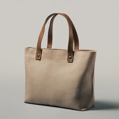 Beige canvas tote bag with tan leather handles.