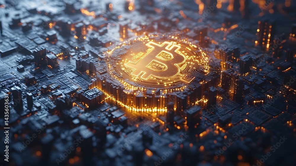 Poster futuristic bitcoin visualization as a glowing circuit board cityscape. the golden symbol radiates en