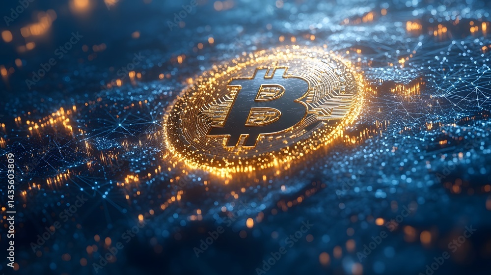 Poster Dynamic Bitcoin art blending technology and finance. Metallic 'B' with a golden halo against a networked backdrop symbolizes digital currency. Abstract wireframe in dark blue.