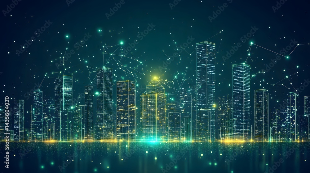 Aufkleber futuristic cityscape at night, alive with light and interconnected networks. reflective surfaces amp