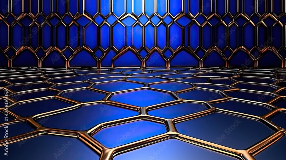 Wall mural abstract blue and gold hexagon pattern: a 3d render of geometric design