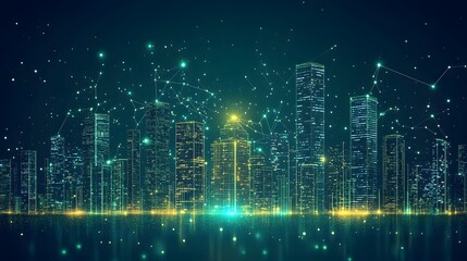 Obraz premium Futuristic cityscape at night, alive with light and interconnected networks. Reflective surfaces amplify the dynamic energy. A digital dreamscape of teal and gold. Abstract wireframe in dark blue.