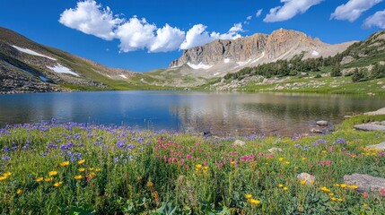 A scenic landscape with a mountain and serene lake water