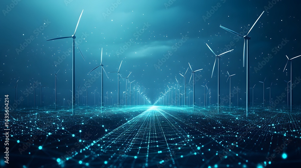 Poster futuristic wind farm illustration featuring stylized turbines and a digital grid converging towards 