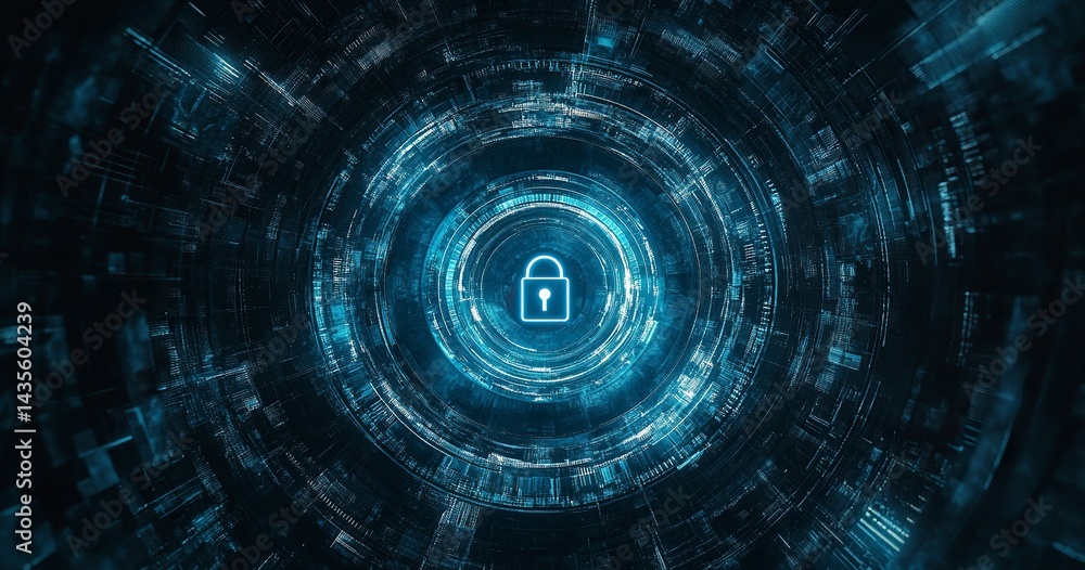 Aufkleber abstract futuristic background with a digital padlock symbol in a blue circle on a dark background, 