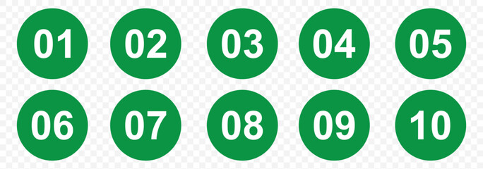 set of 1 to 10 black number icon on Green circle vector illustration on Transparent Background. EPS 10.