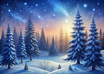 Naklejka premium Magical Winter Wonderland Snow Covered Pine Forest Under a Starry Sky